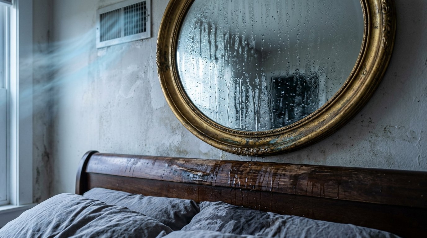 Water droplets run down a foggy oval wall mirror above a dark wooden bed headboard.