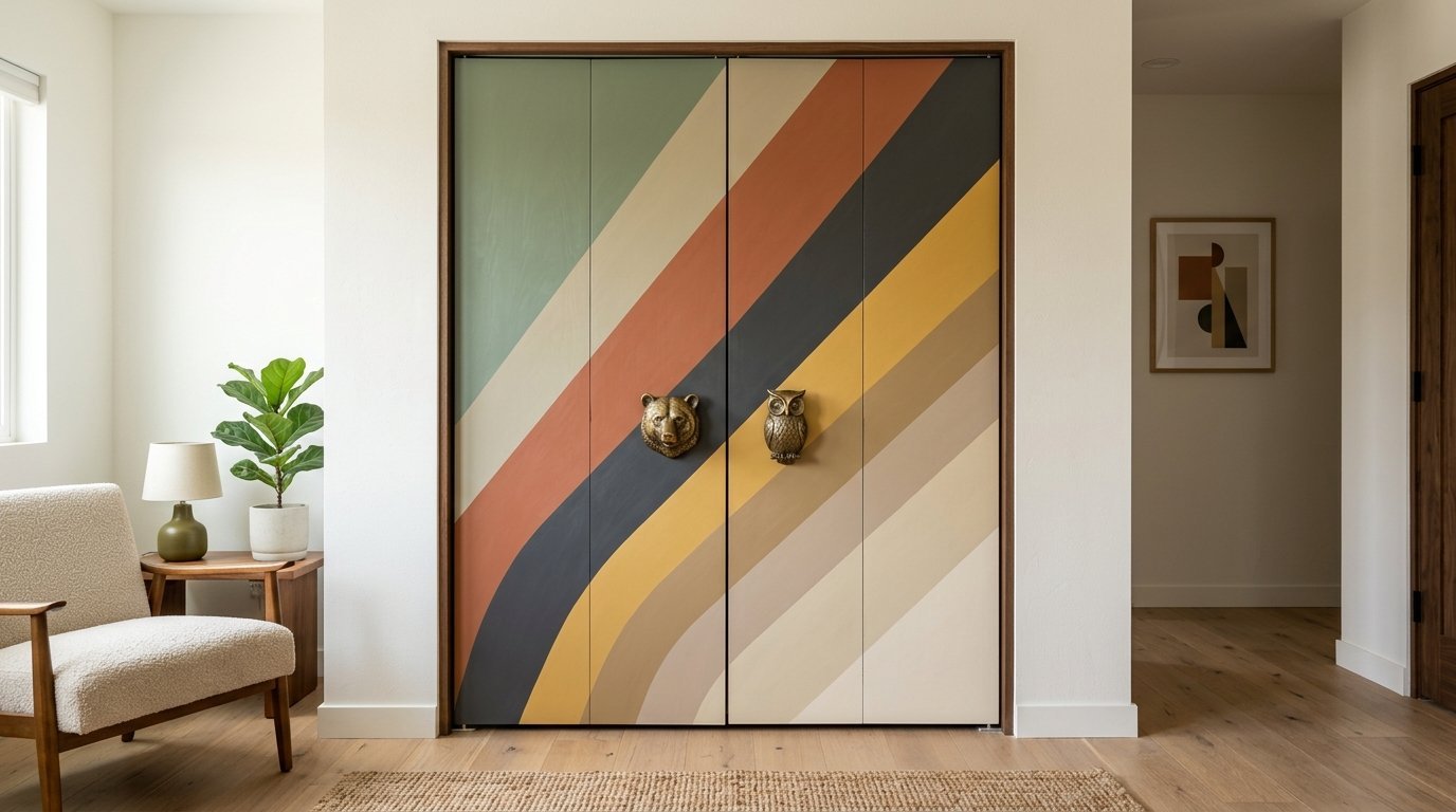 Double closet doors painted with vintage-style diagonal stripes featuring bear and owl brass door handles.