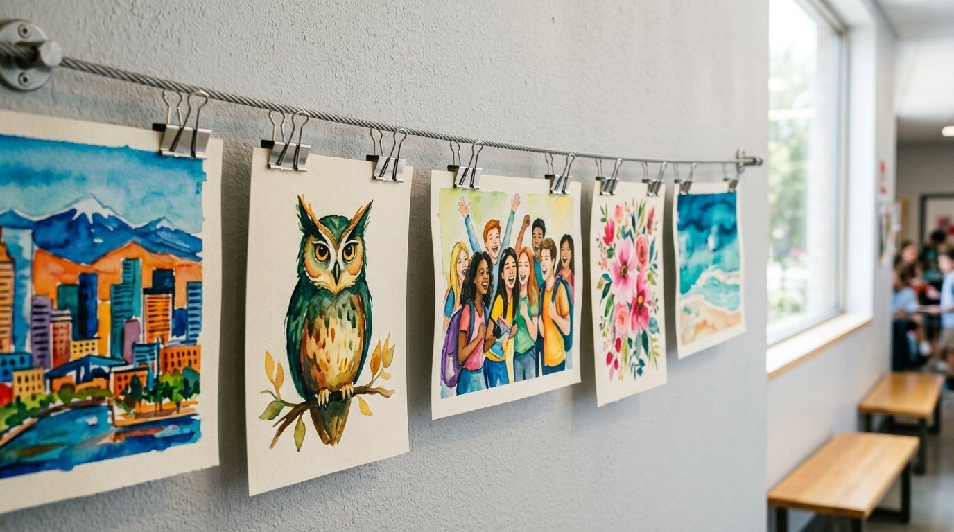 Colorful student artwork including an owl, city, and flowers hanging in a school hallway.