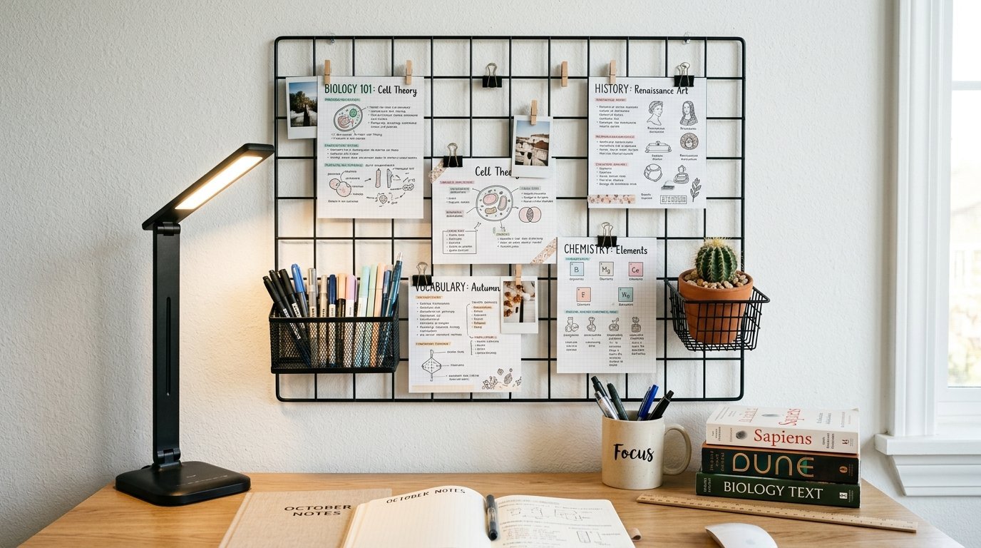 Wall wire grid displaying school subjects and study notes above a wooden desk with a lamp and stacked books.