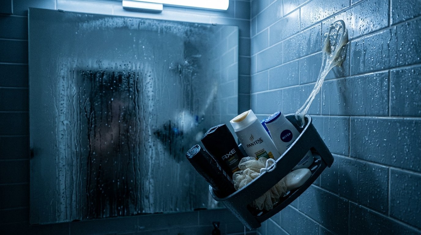 A grey plastic shower organizer hanging at an angle on a wet tiled wall next to a foggy bathroom mirror.