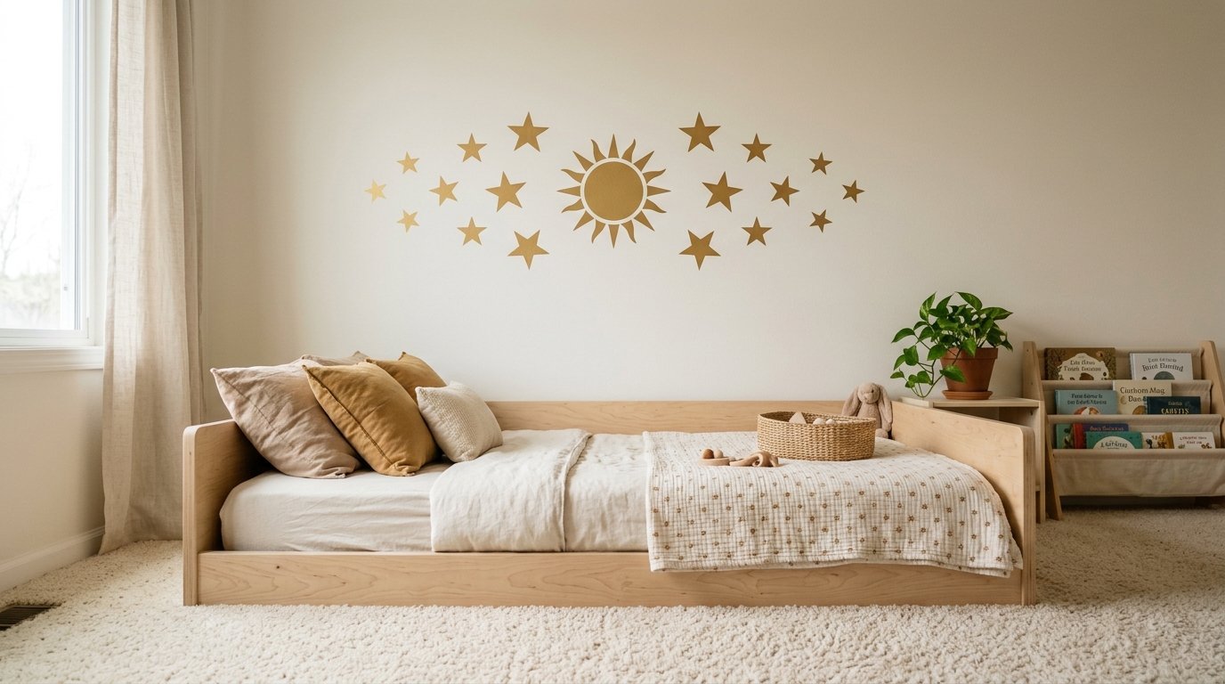 A wooden toddler bed sits below a gold sun and star wall sticker in a neutral themed kids room.