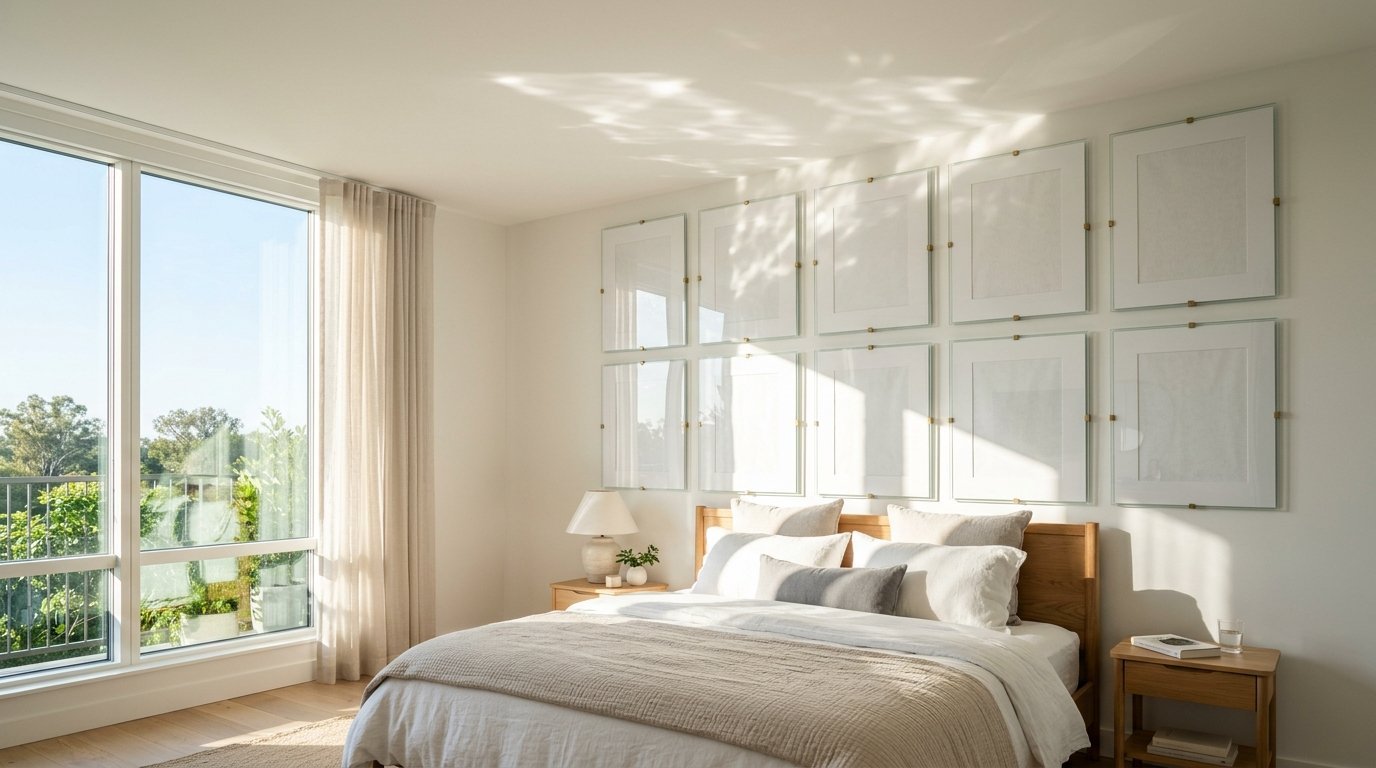 A bright, airy bedroom with a wooden bed frame and ten large, empty, wall-mounted glass picture frames.