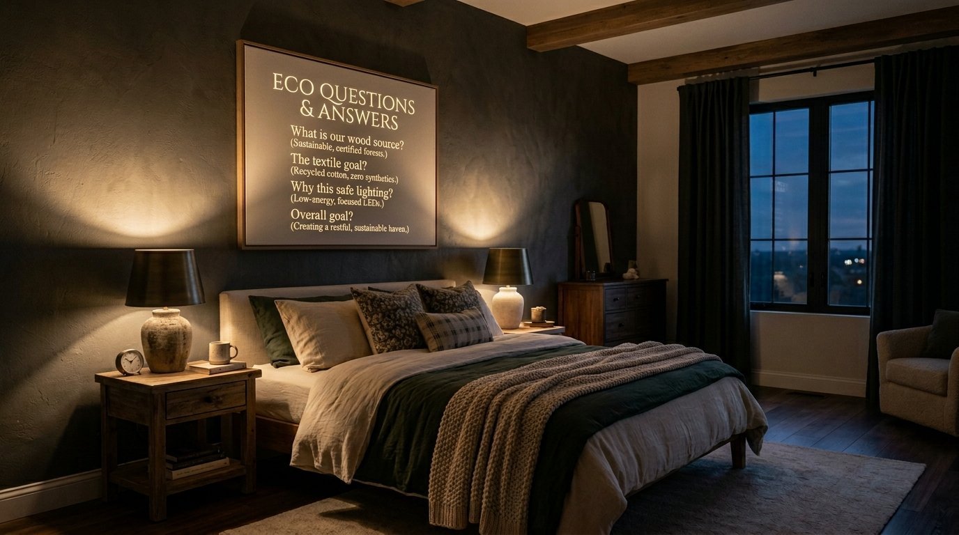 A bedroom features a wall poster with sustainable living facts above an upholstered bed with warm bedside lamps.