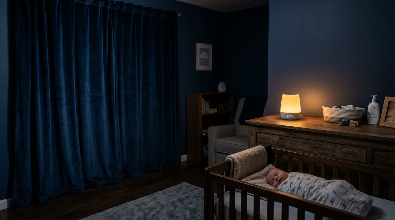 A swaddled infant sleeps in a wooden crib next to a dresser with a glowing bedside lamp.