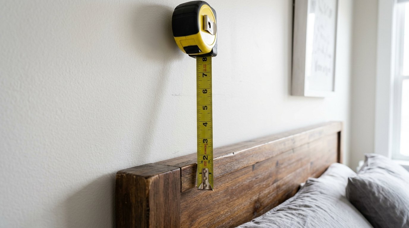 A yellow and black tape measure hangs vertically against a white wall next to a dark wood bed frame.