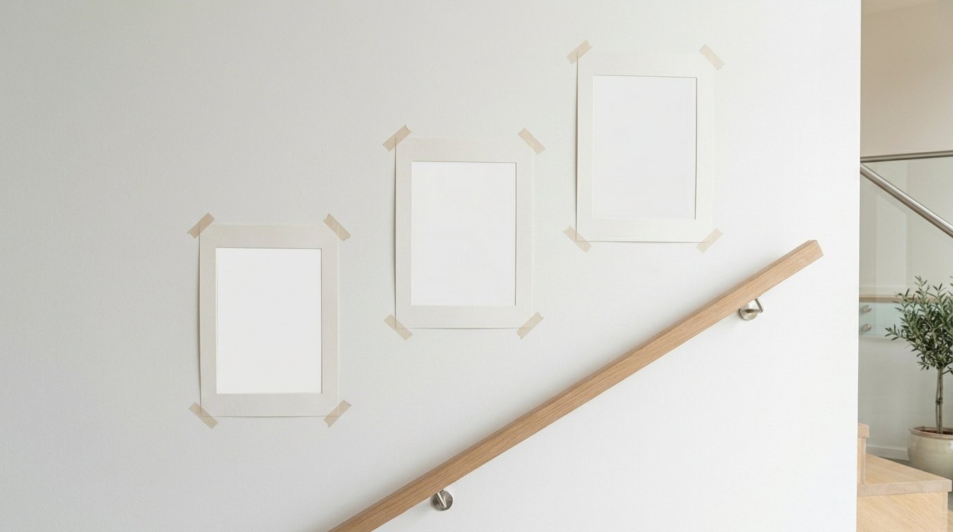 Empty rectangular paper frames attached to a white wall with masking tape above a wooden handrail.