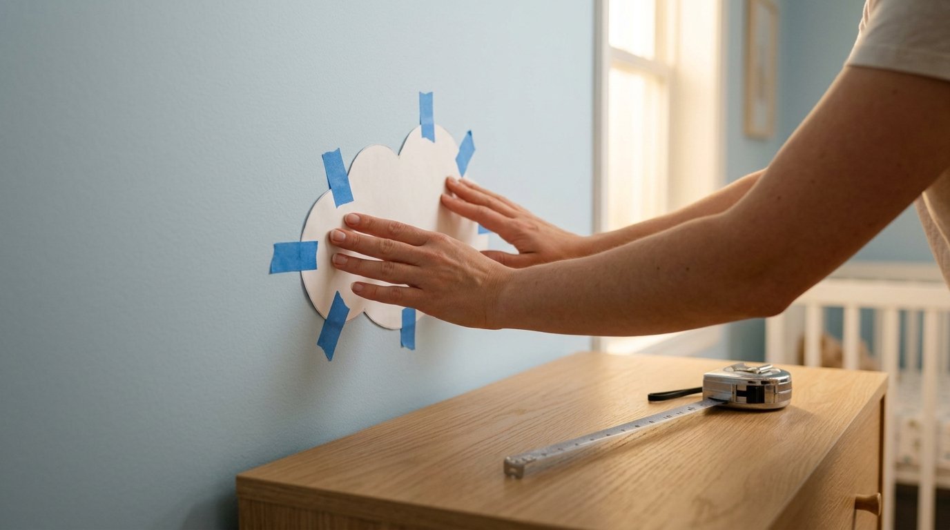 Close up of hands pressing a white cloud cutout attached with blue painter's tape to a nursery wall.