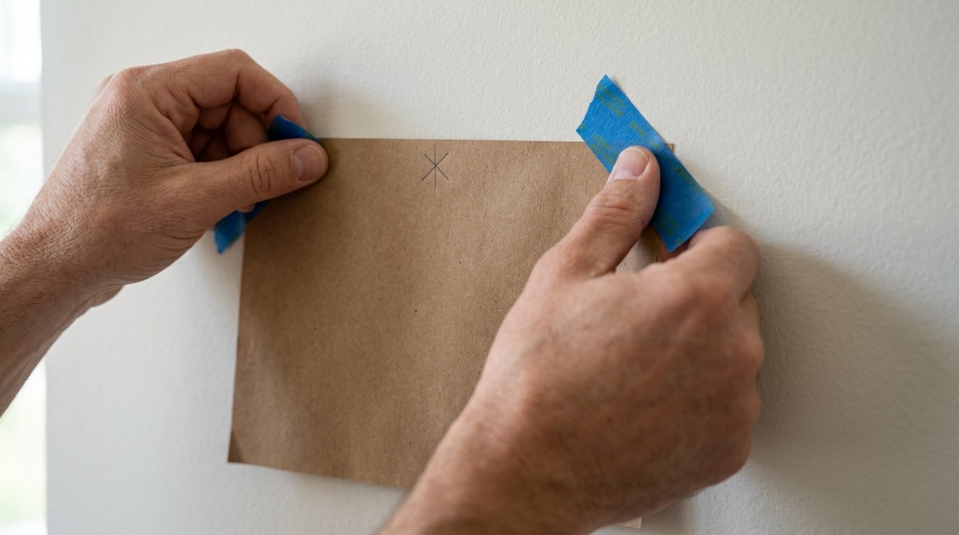 Close-up of person using blue painter's tape to attach a brown paper rectangle with a pencil mark to a wall.