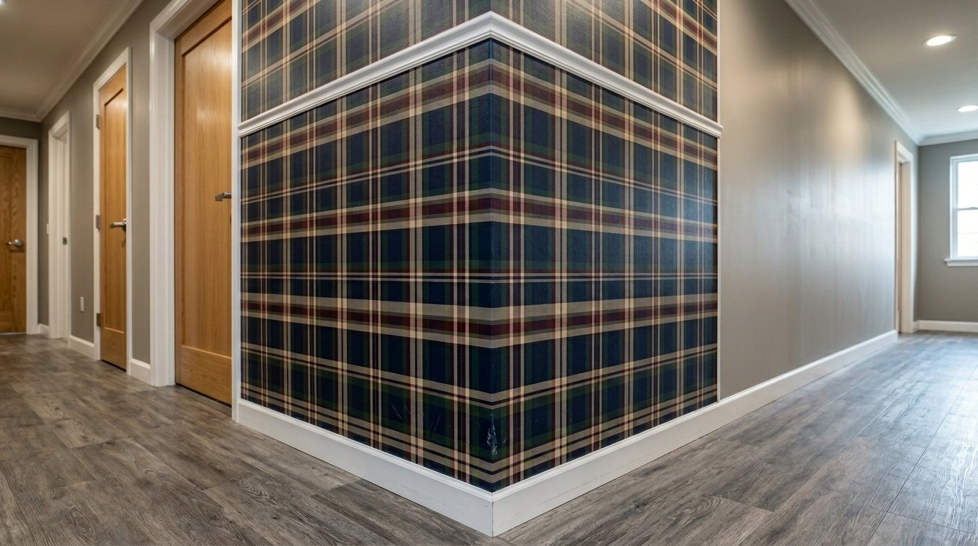 Close up of a hallway corner covered in traditional blue, green, and red plaid patterned wallpaper.