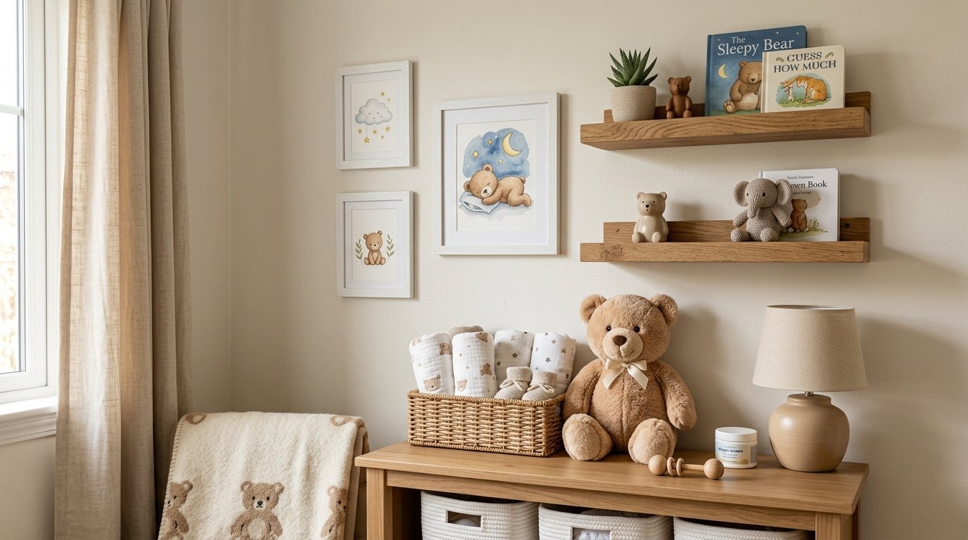 Neutral toned nursery corner with floating shelves, children's books, a wicker basket of baby blankets, and a teddy bear.