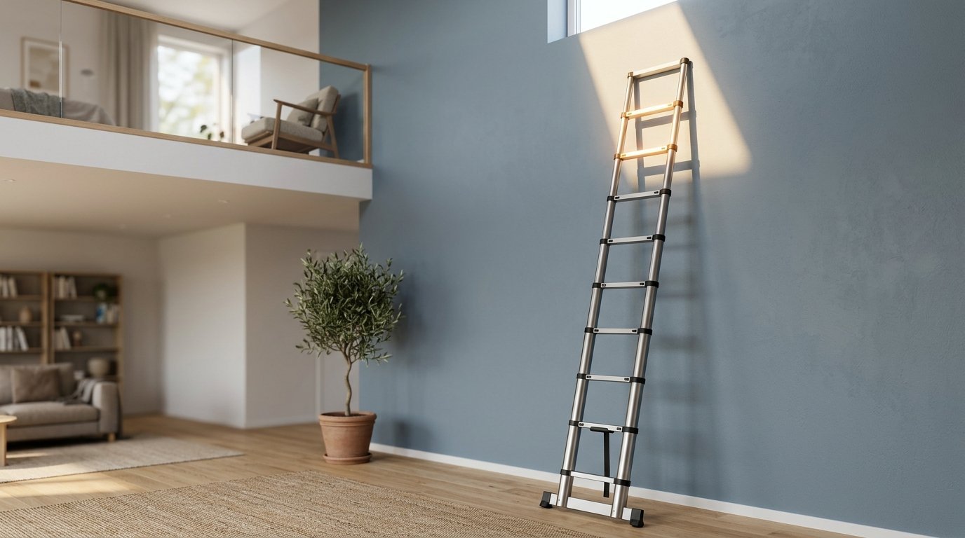 A silver metal extendable ladder stands against a smooth blue wall in a sunlit home interior.