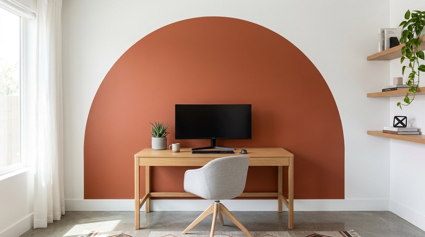 A wooden desk with a computer monitor and chair placed in front of a wall with a large painted orange arch.