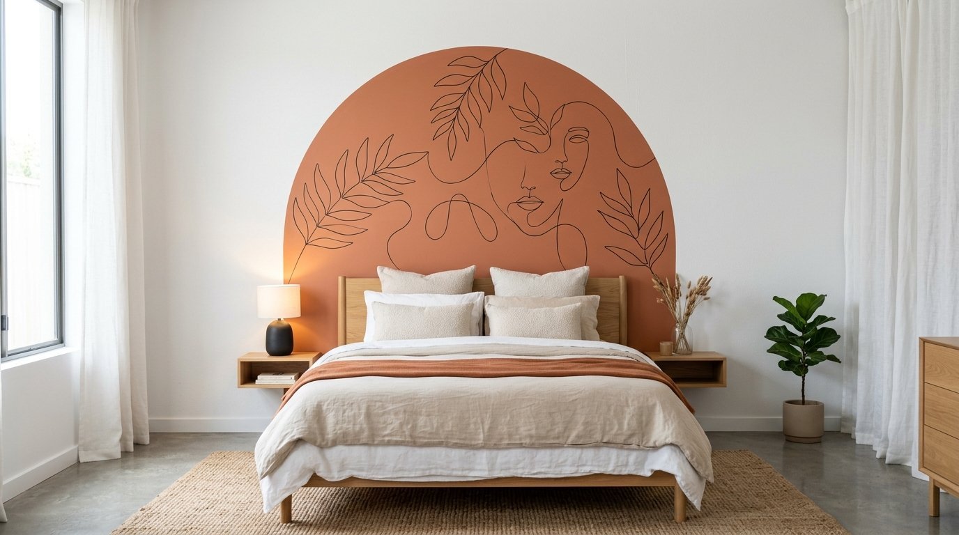 A bedroom wall features a large terracotta painted arch with black line drawings of faces and leaves behind a bed.