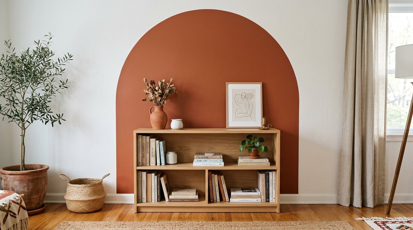 Wooden bookcase filled with books in front of a white wall featuring a large, painted terracotta-colored arch.