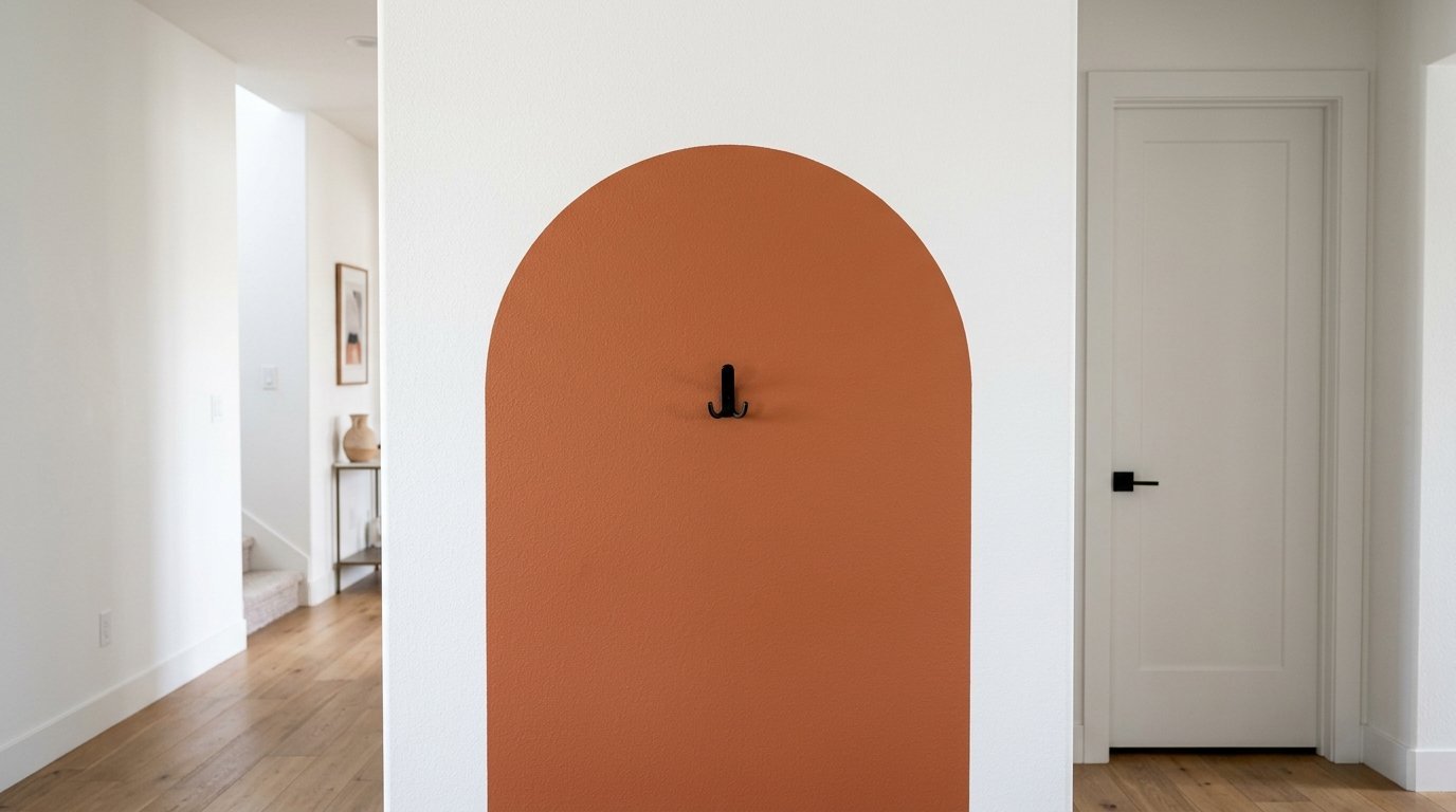A white wall with a decorative terracotta-colored painted arch and a single black metal hook.