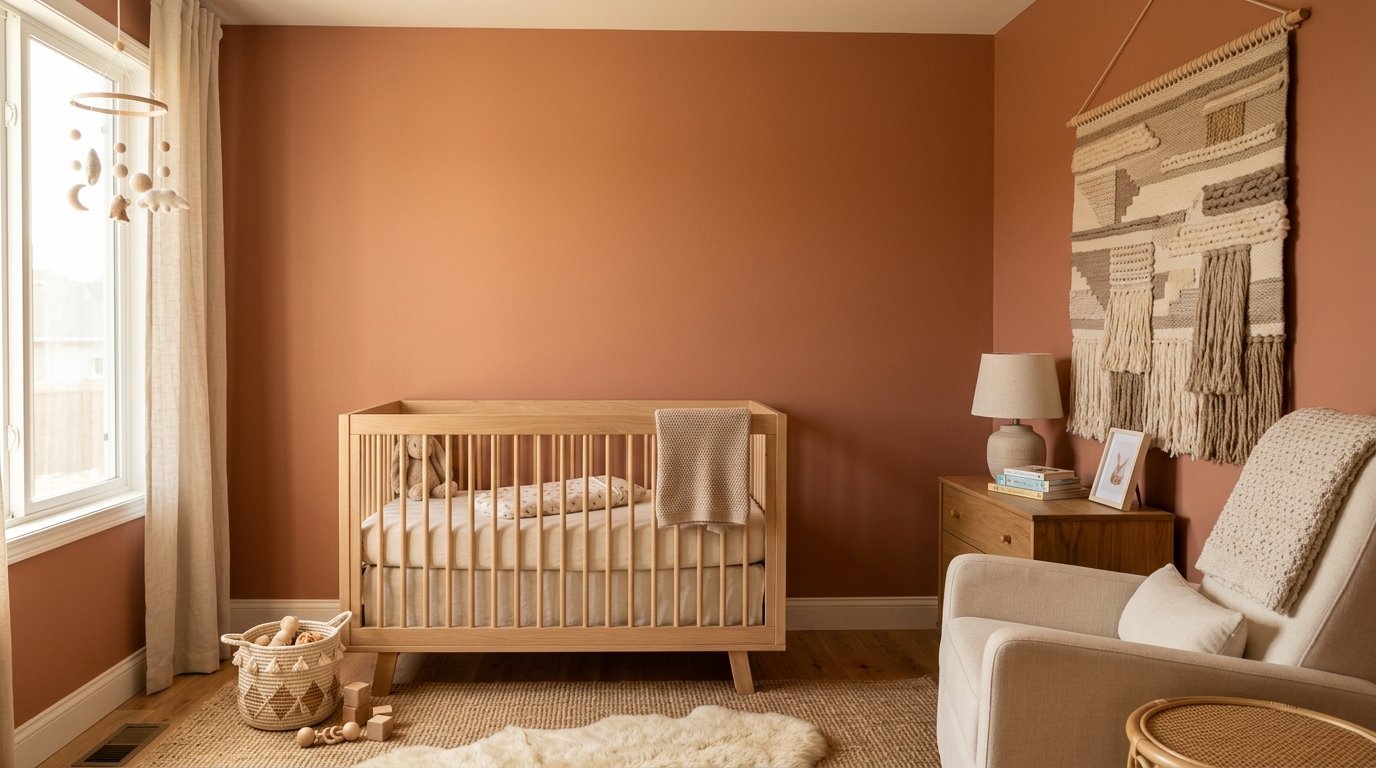 A cozy nursery room with terracotta walls, a wooden baby crib, and a wall-mounted textured macrame hanging.