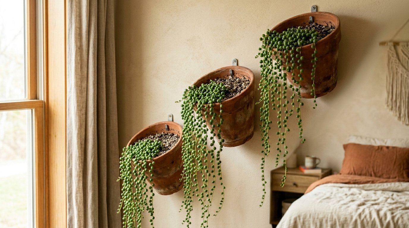 Trailing green succulent vines hanging from three rustic terracotta pots secured to a bedroom wall.
