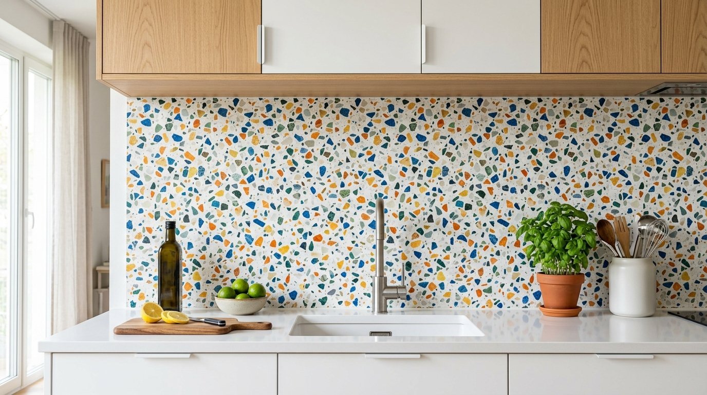 Close up of a kitchen counter with a white sink, a potted basil plant, and a colorful terrazzo tile wall backsplash.