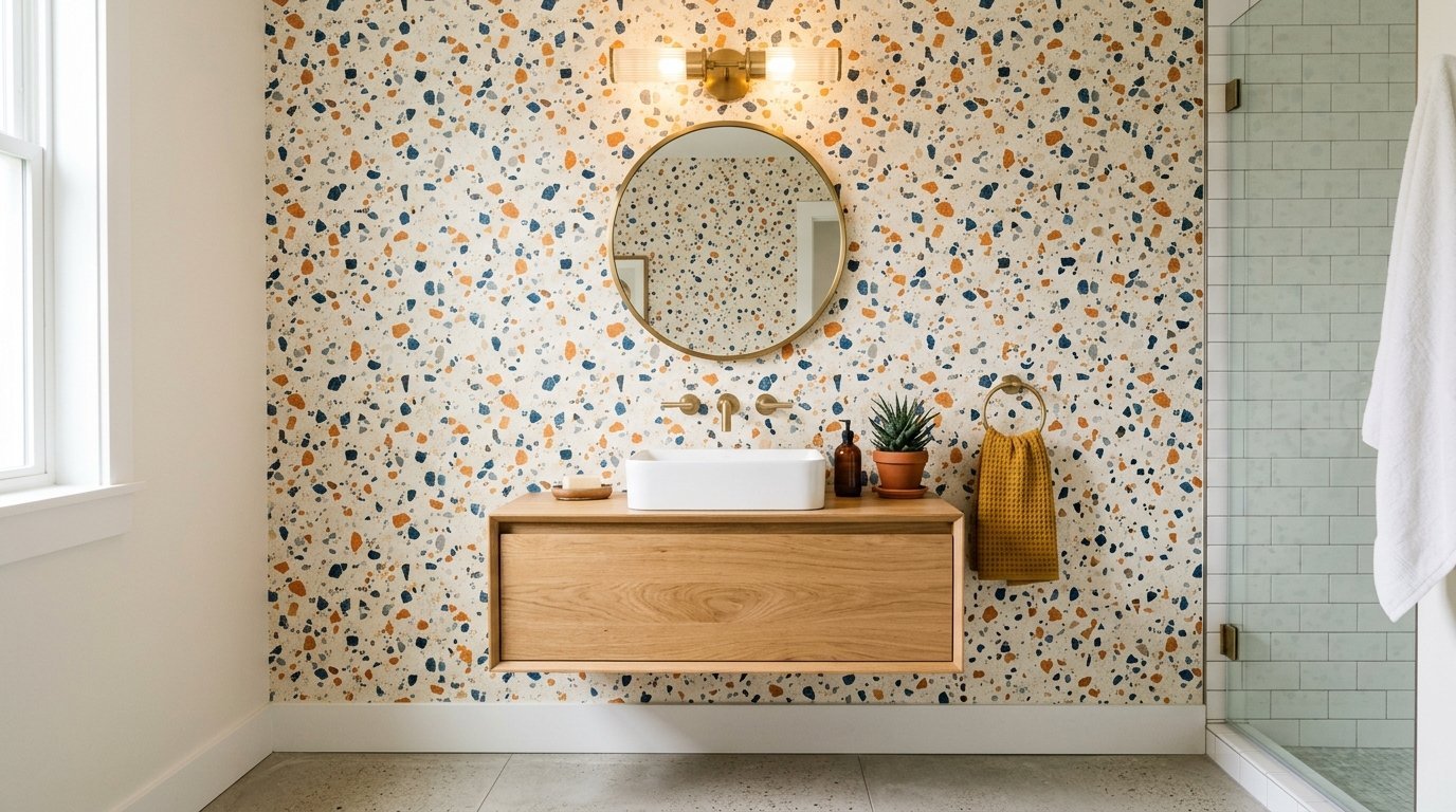 A round mirror above a white vessel sink on a floating oak cabinet against a vibrant terrazzo patterned wall.