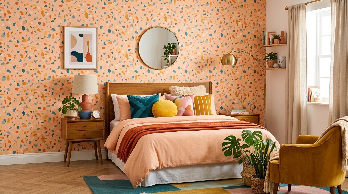 A bedroom with peach terrazzo wallpaper, wooden furniture, and a colorful bed with velvet pillows.