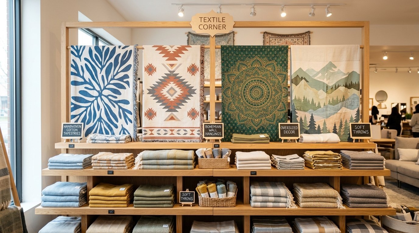 Wooden display shelves filled with patterned wall tapestries, woven throws, and folded blankets in a home goods store.