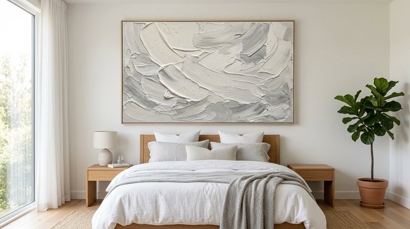 Minimalist modern bedroom featuring a large impasto painting, wooden furniture, and a potted fiddle leaf fig tree.