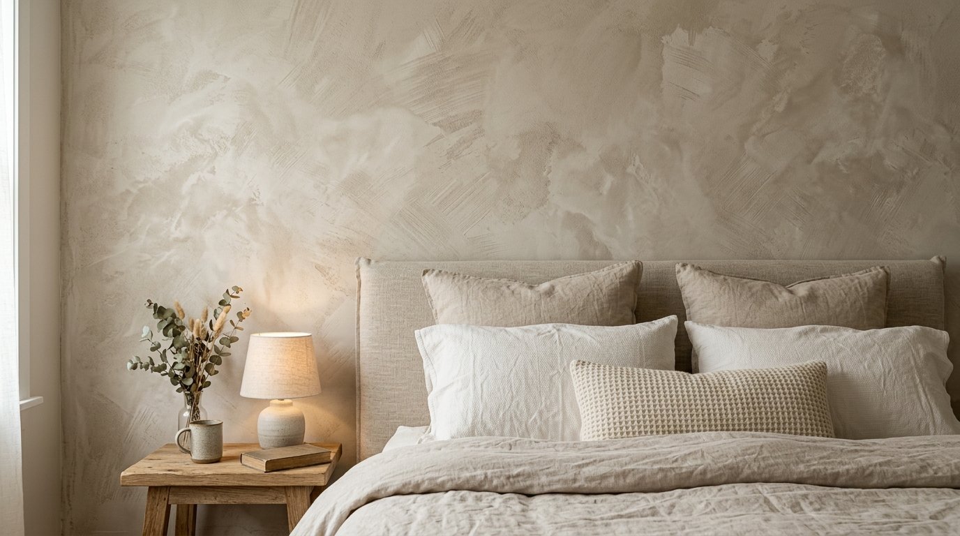 A beige linen bed with stacked pillows next to a wooden nightstand with a lamp and dried flowers.
