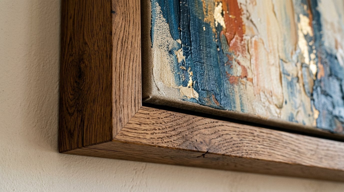 Side angle of a canvas painting with thick blue and gold paint strokes inside a natural oak floating frame.