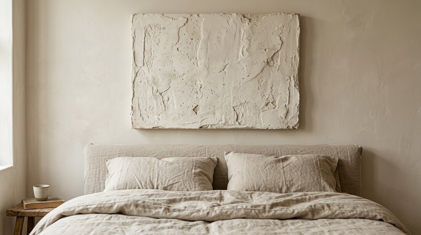 A tan linen bed sits below a large rectangular piece of white textured plaster artwork on a neutral wall.