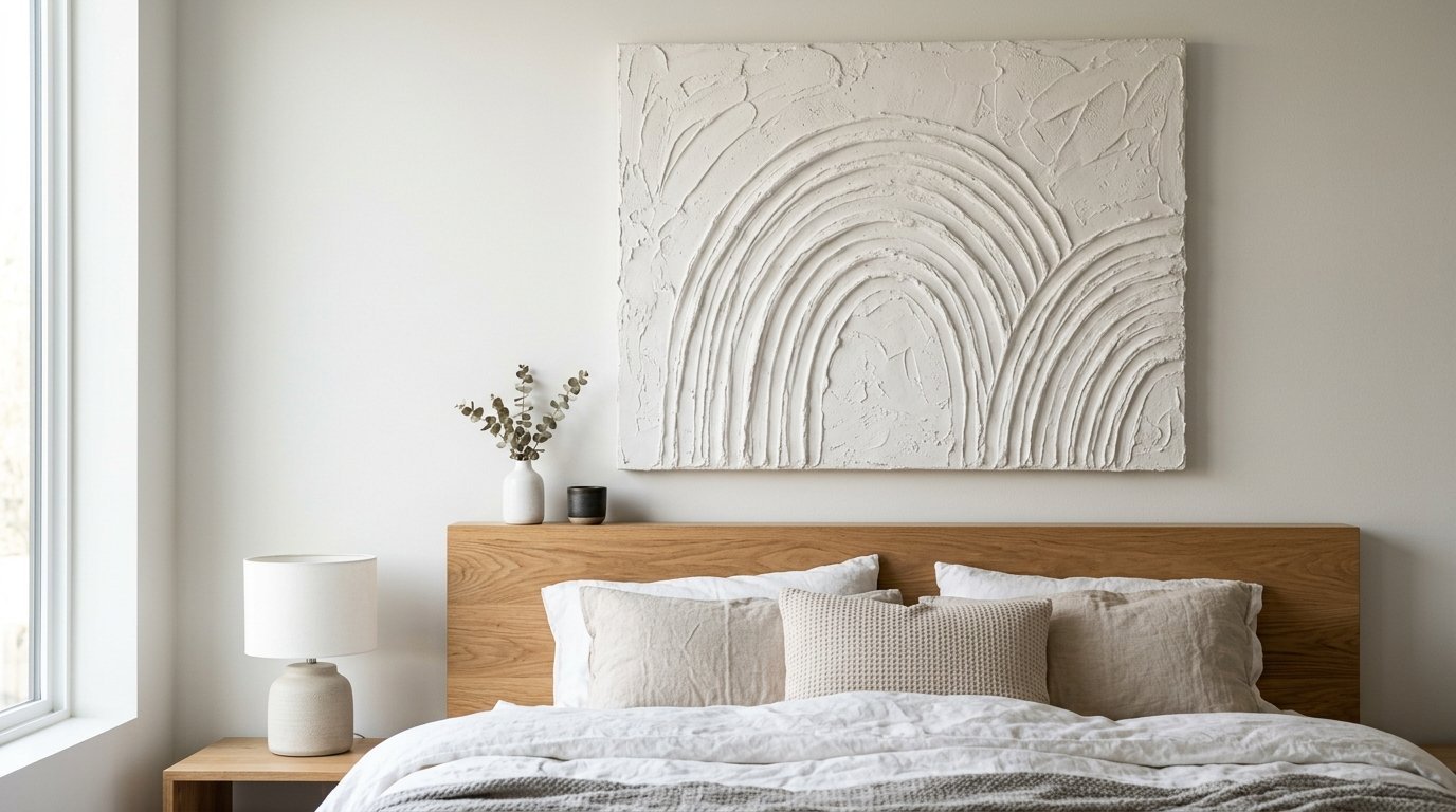 A beige textured canvas with arched lines hanging above a wooden headboard in a bright bedroom.