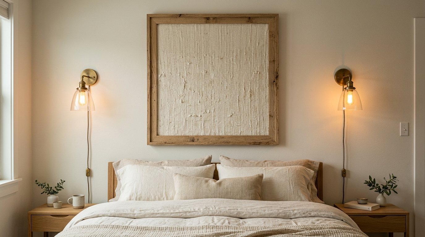 A beige linen bed centered below a large square frame with a white textured fabric tapestry.