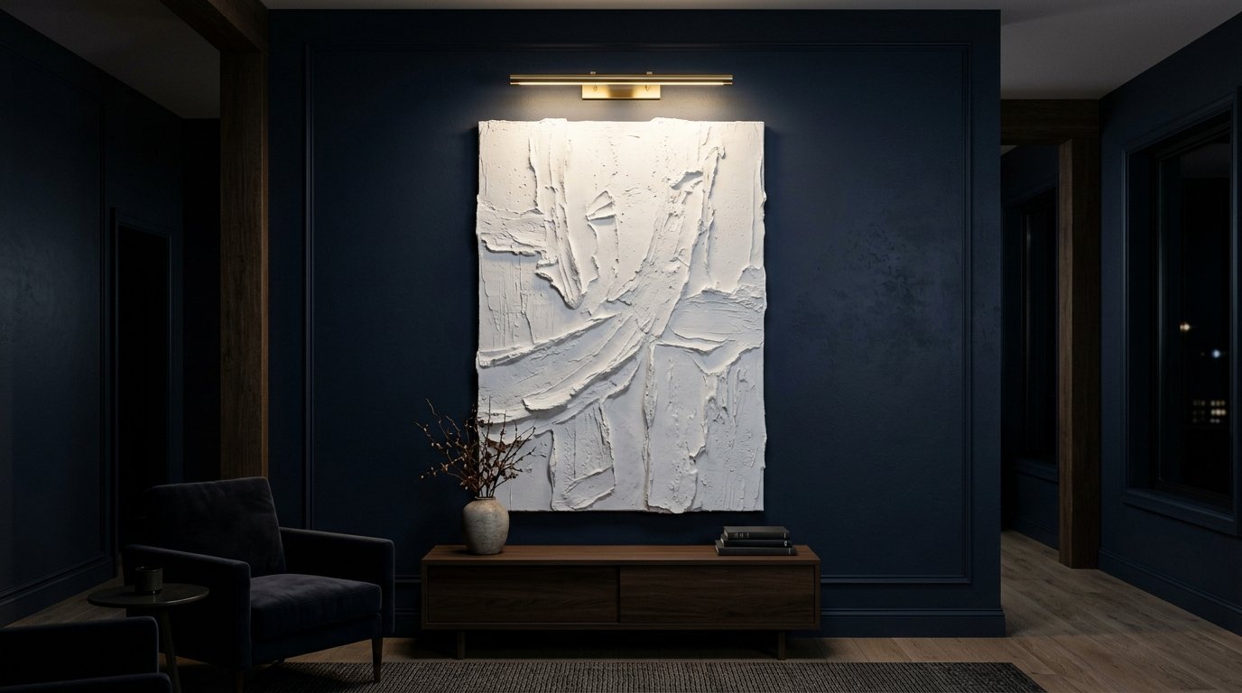 White impasto painting hanging on a dark navy blue wall above a wooden console table.