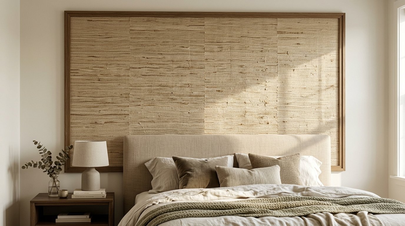 A bedroom wall featuring a oversized framed woven seagrass panel hung above a beige upholstered bed with layered pillows.