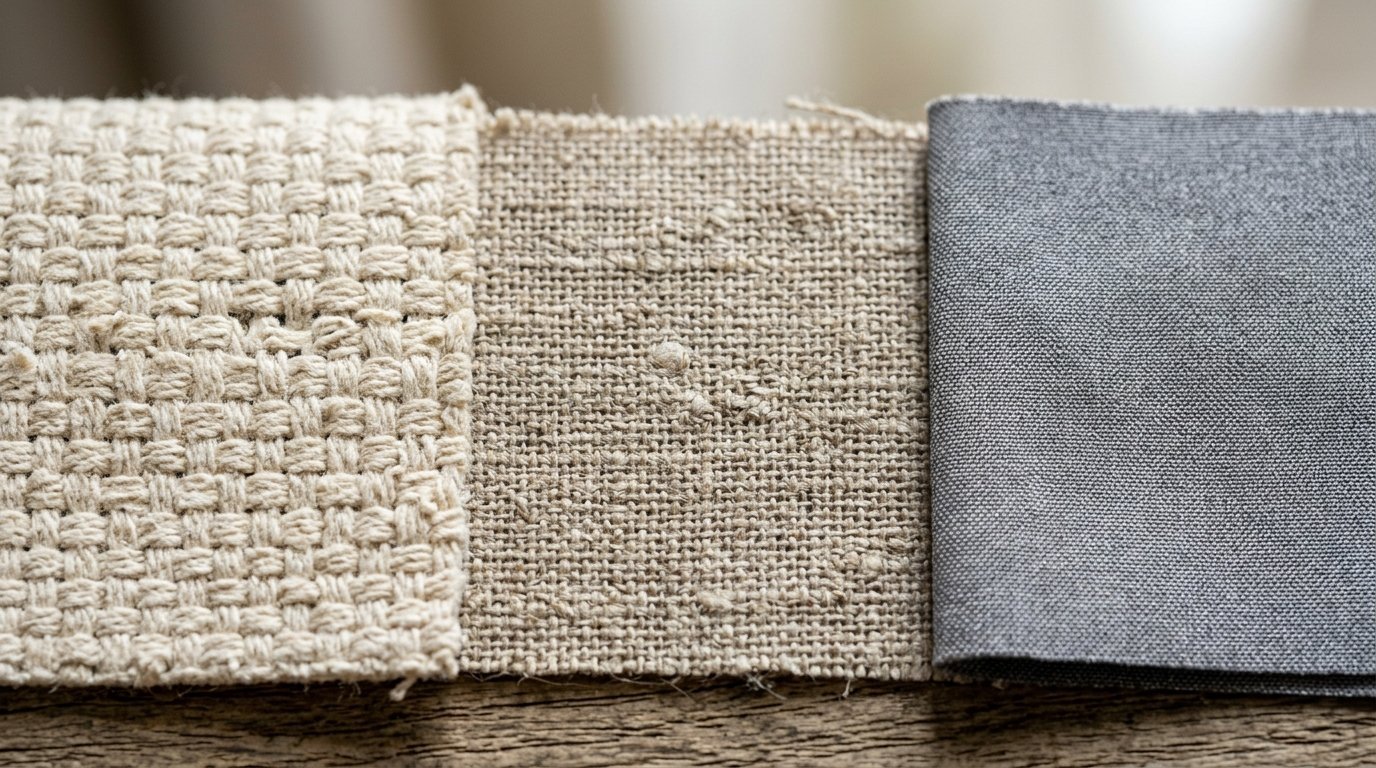 Close-up of beige chunky basket weave, light tan linen, and dark gray canvas material side by side.