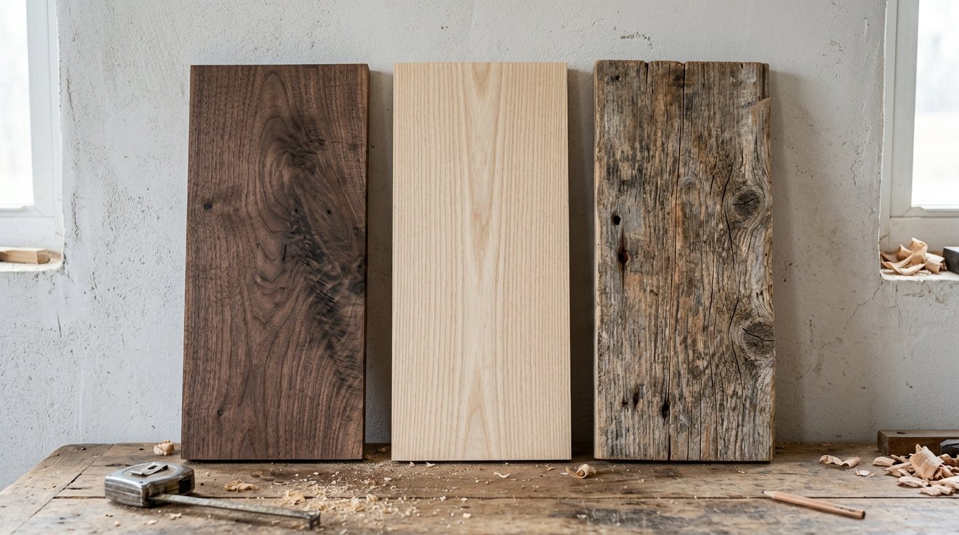 Comparison of dark walnut, light ash, and weathered rustic wood planks in a carpentry studio.