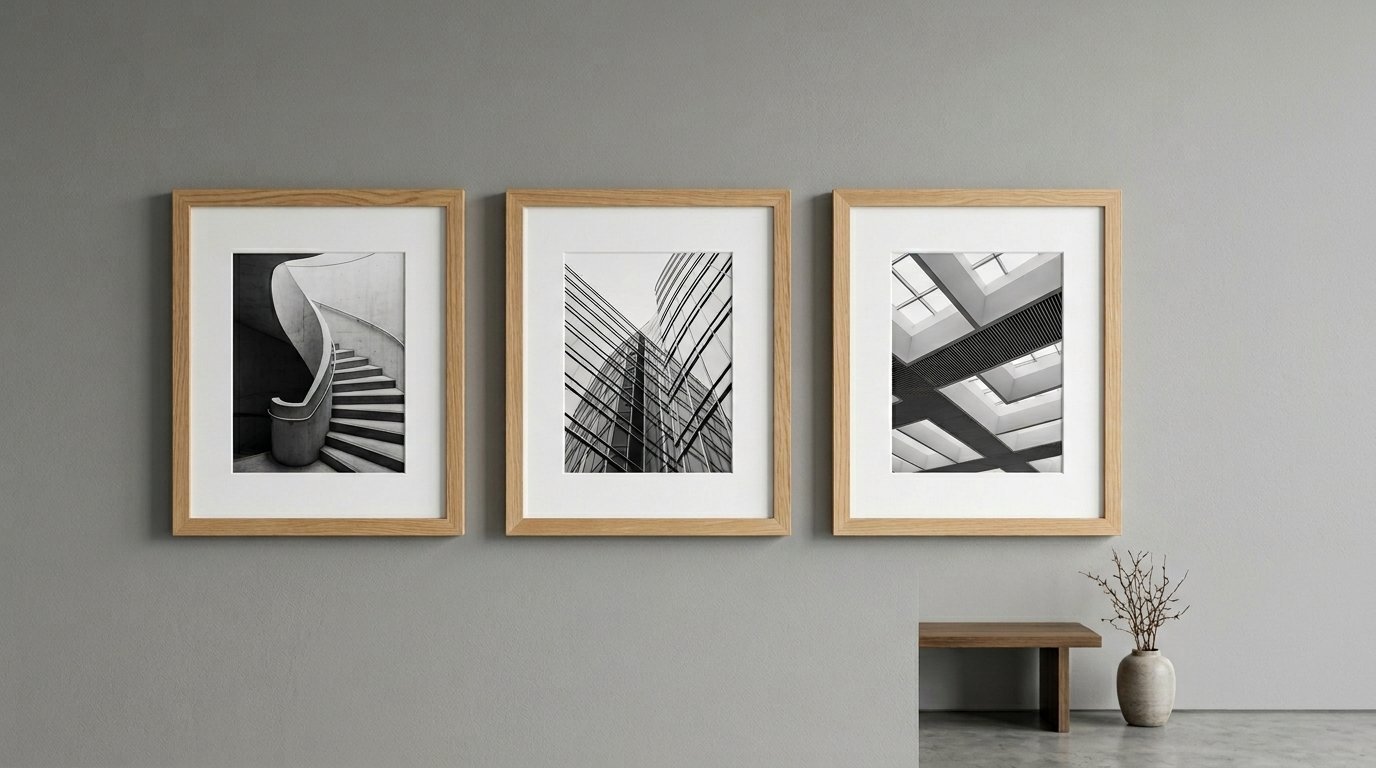 Three framed monochromatic prints showing a spiral staircase, glass building facade, and geometric ceiling light.