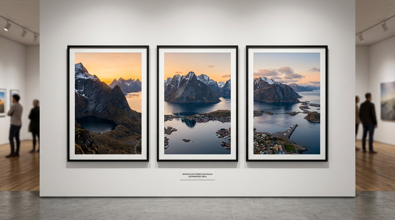Three framed vertical photographs of dramatic Norwegian fjords and mountain peaks displayed on a clean white gallery wall.