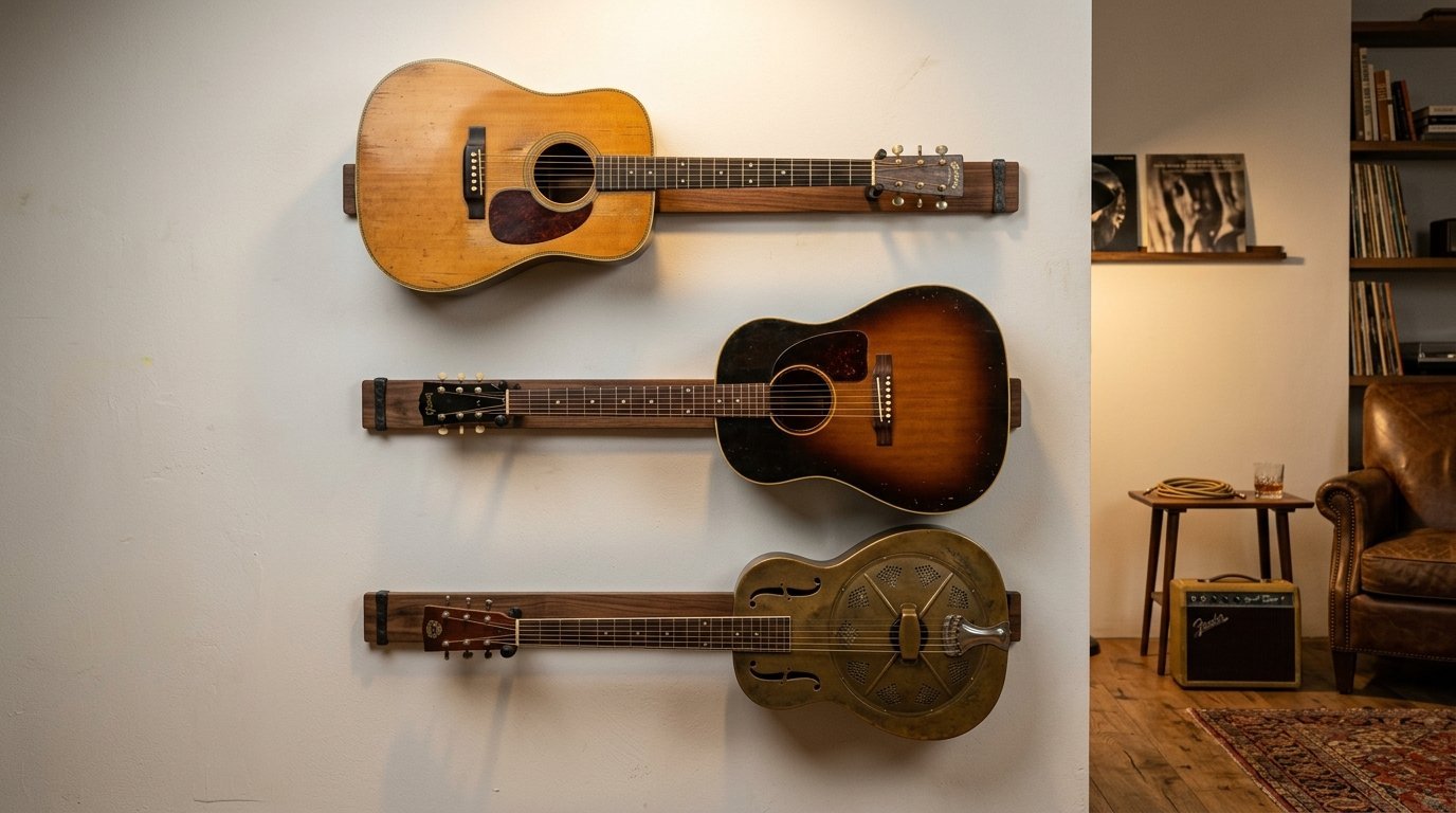 Three guitars, including a brass resonator, hanging horizontally on dark wooden racks against a white wall.