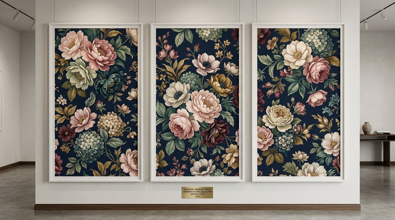 Three vertical framed art prints with dark navy backgrounds covered in detailed colorful flower illustrations.