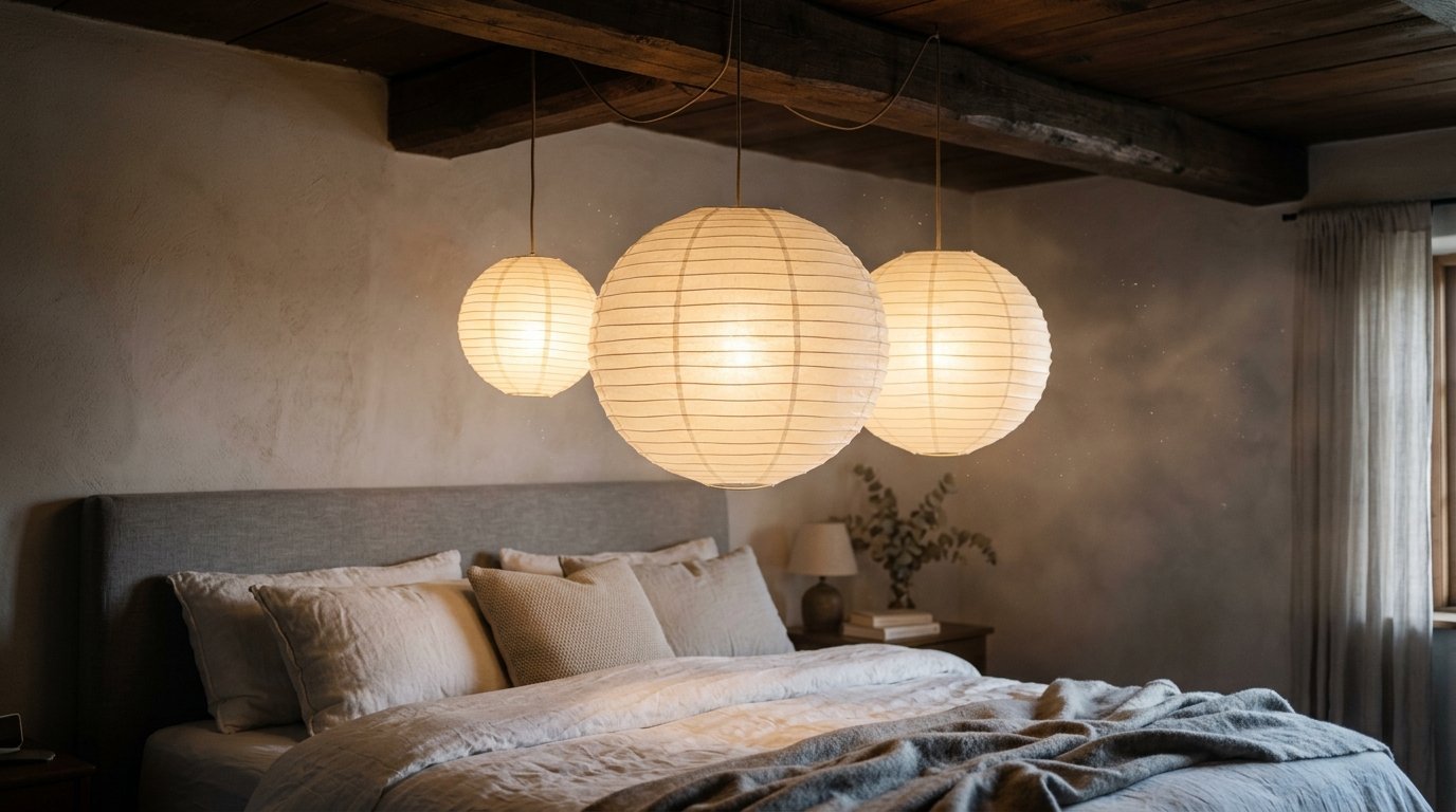 Three spherical paper lanterns hanging from rustic wood ceiling beams above a neutral toned bedroom.