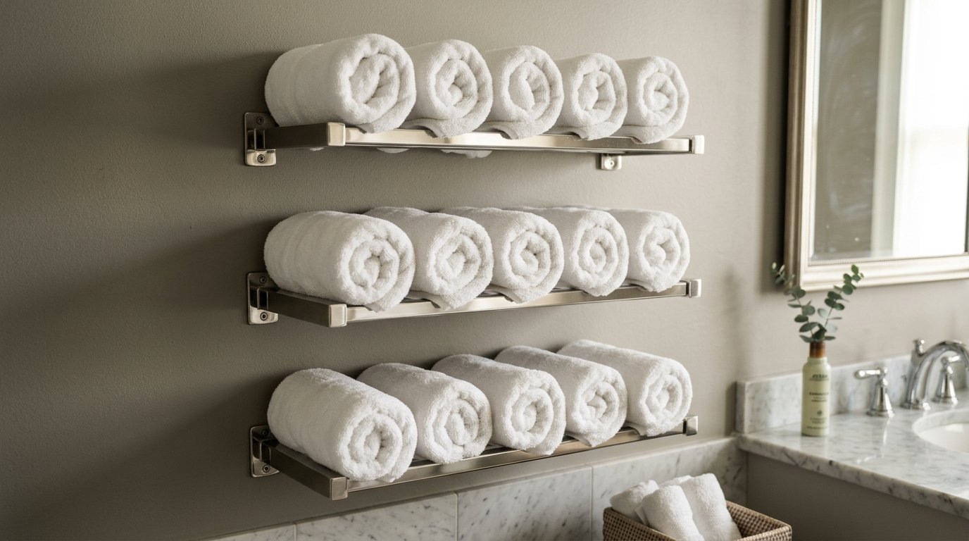 Rows of soft white rolled towels organized on brushed metal racks in a modern bathroom setting.