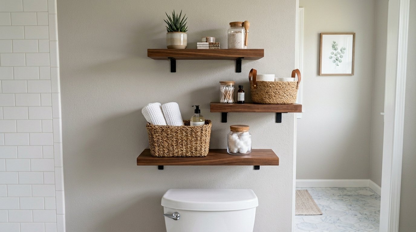 Wooden wall shelves above a toilet displaying woven baskets, cotton balls, and a small succulent.