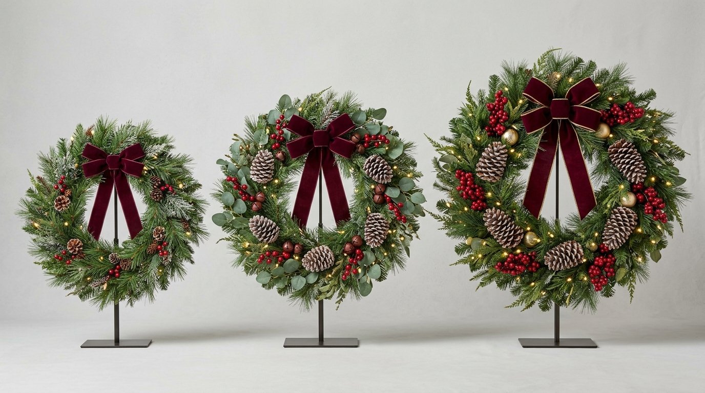 A set of three artificial holiday wreaths with red bows, pinecones, and warm LED lights displayed on floor stands.