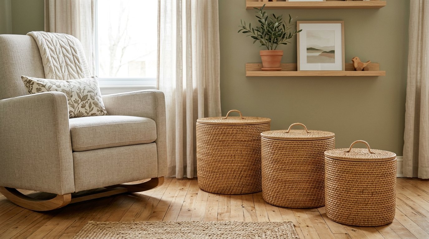 Round lidded wicker baskets of varying sizes arranged on a wooden floor in a cozy nursery room.