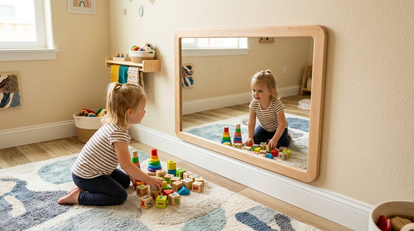 Little girl sitting on a patterned rug, stacking wooden toy blocks in front of a wall-mounted wooden mirror.