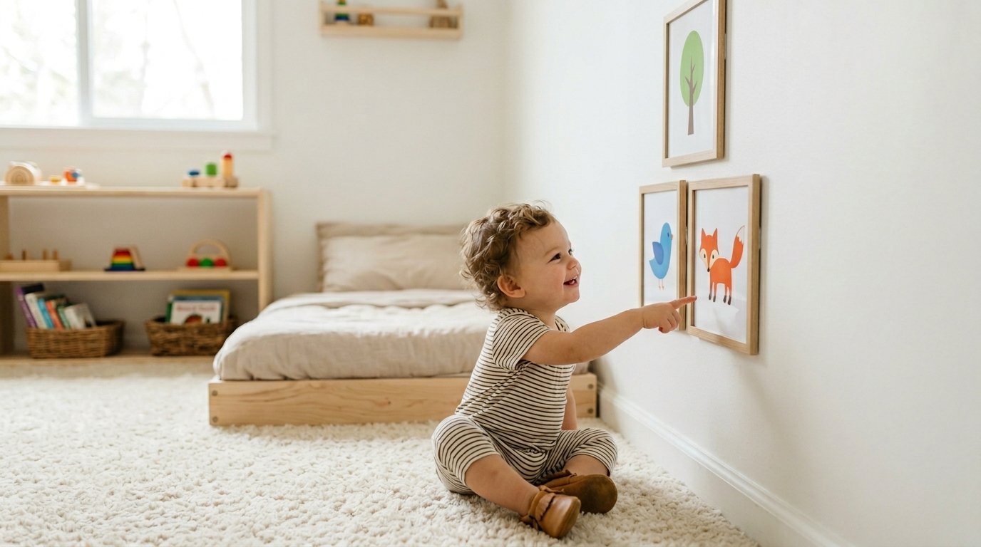 A curly-haired toddler in a striped onesie touches a framed fox illustration on a white bedroom wall.