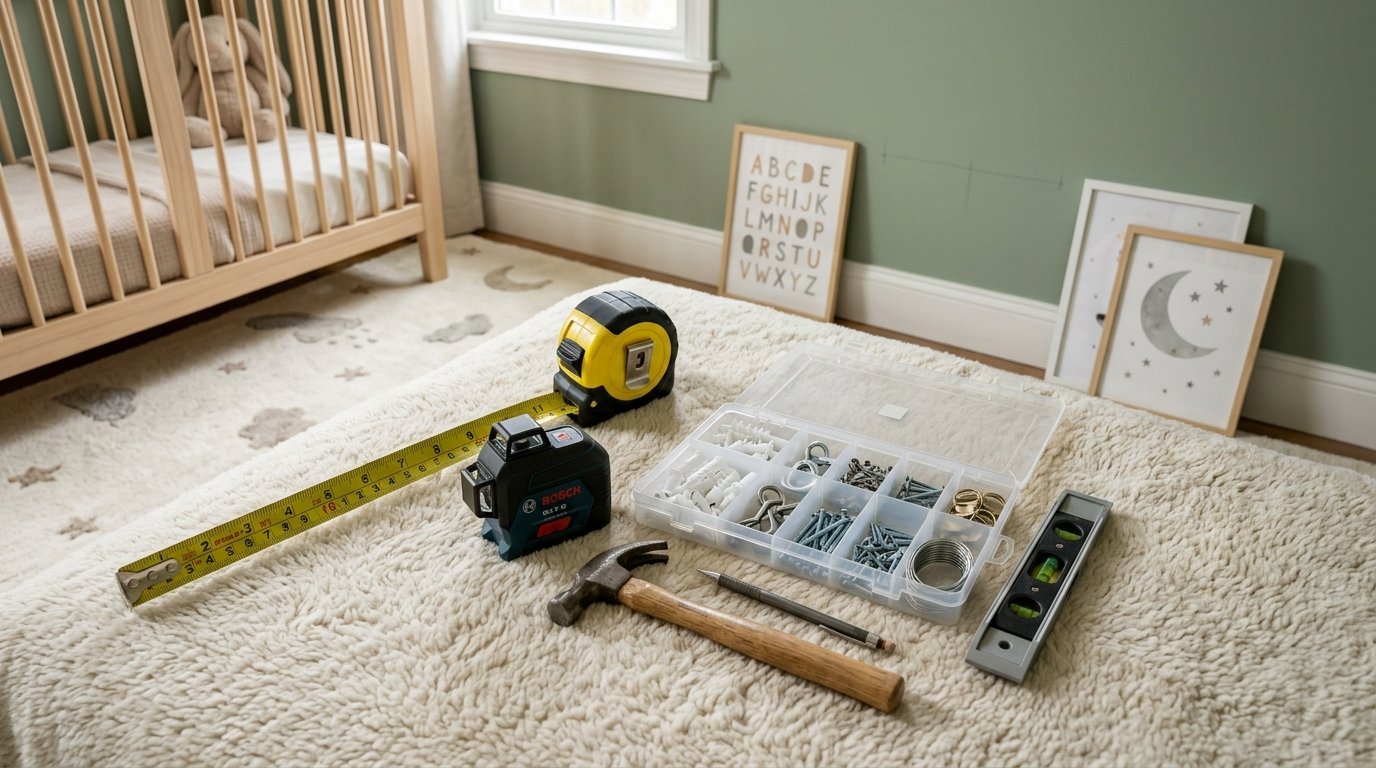 Close up of DIY construction tools including a Bosch laser, hammer, and screws laid out on a cream colored rug.
