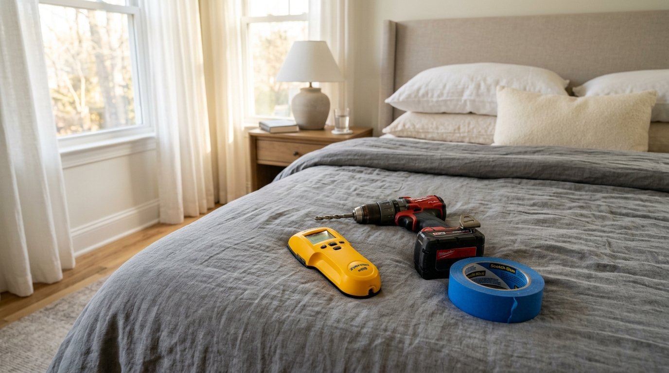 A cordless power drill, a yellow stud finder, and a roll of blue painter's tape resting on a bed comforter.