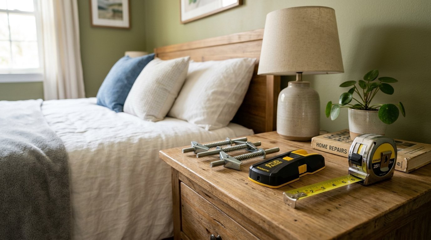 A stud finder, tape measure, and metal toggle bolts sit on a rustic wooden nightstand beside a made bed.
